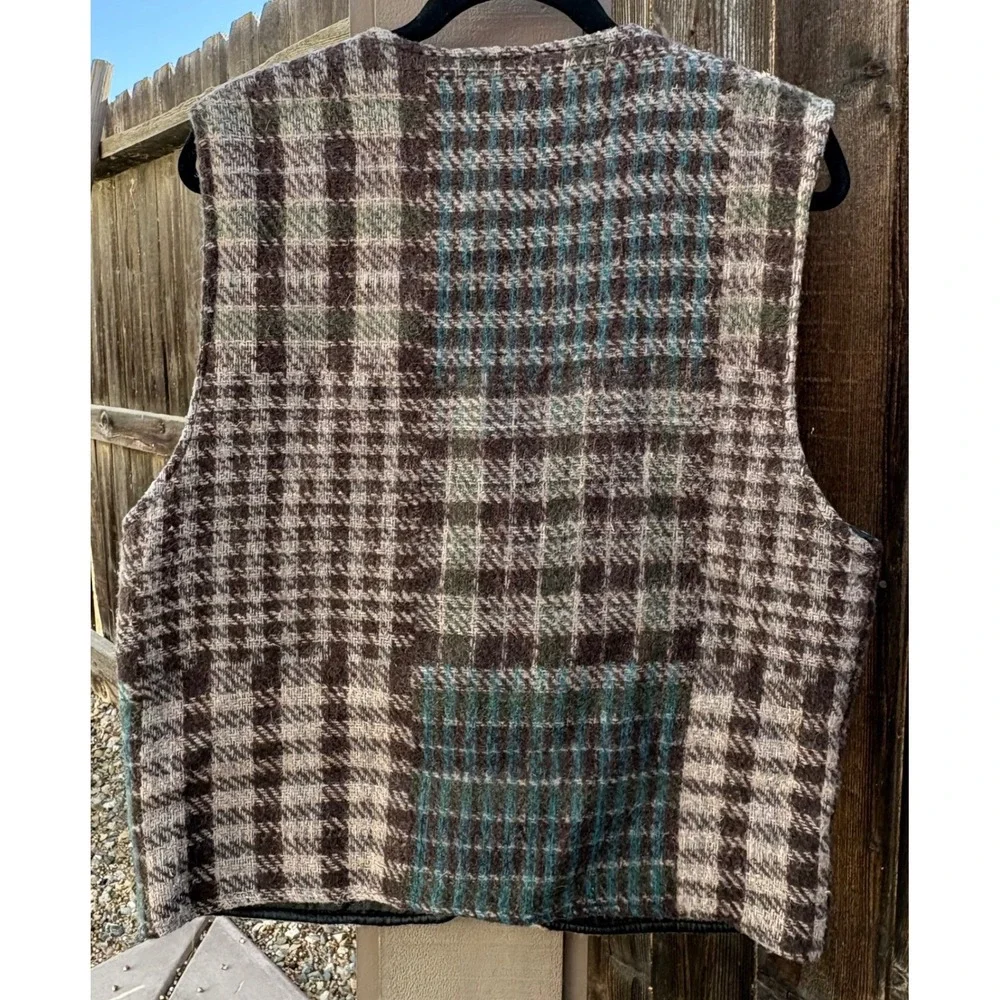 Vintage Paragraff Wool Blend Patchwork Plaid Zip Vest Mens M Lined Rustic Cabin
